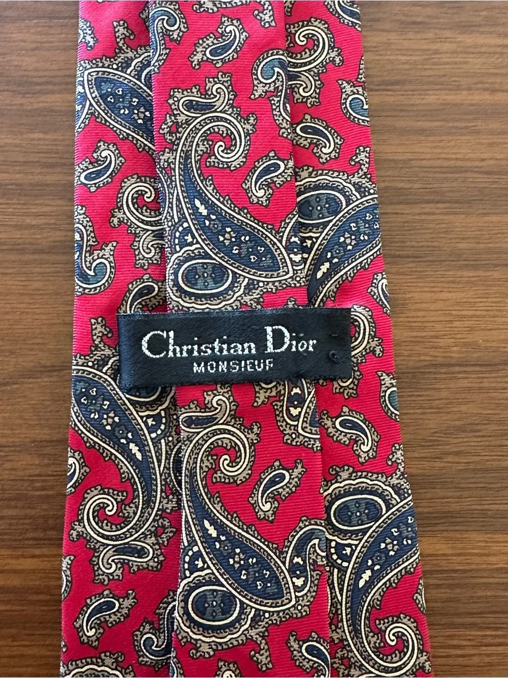 Christian Dior Pink-Red Paisley Silk Tie with Navy Accents